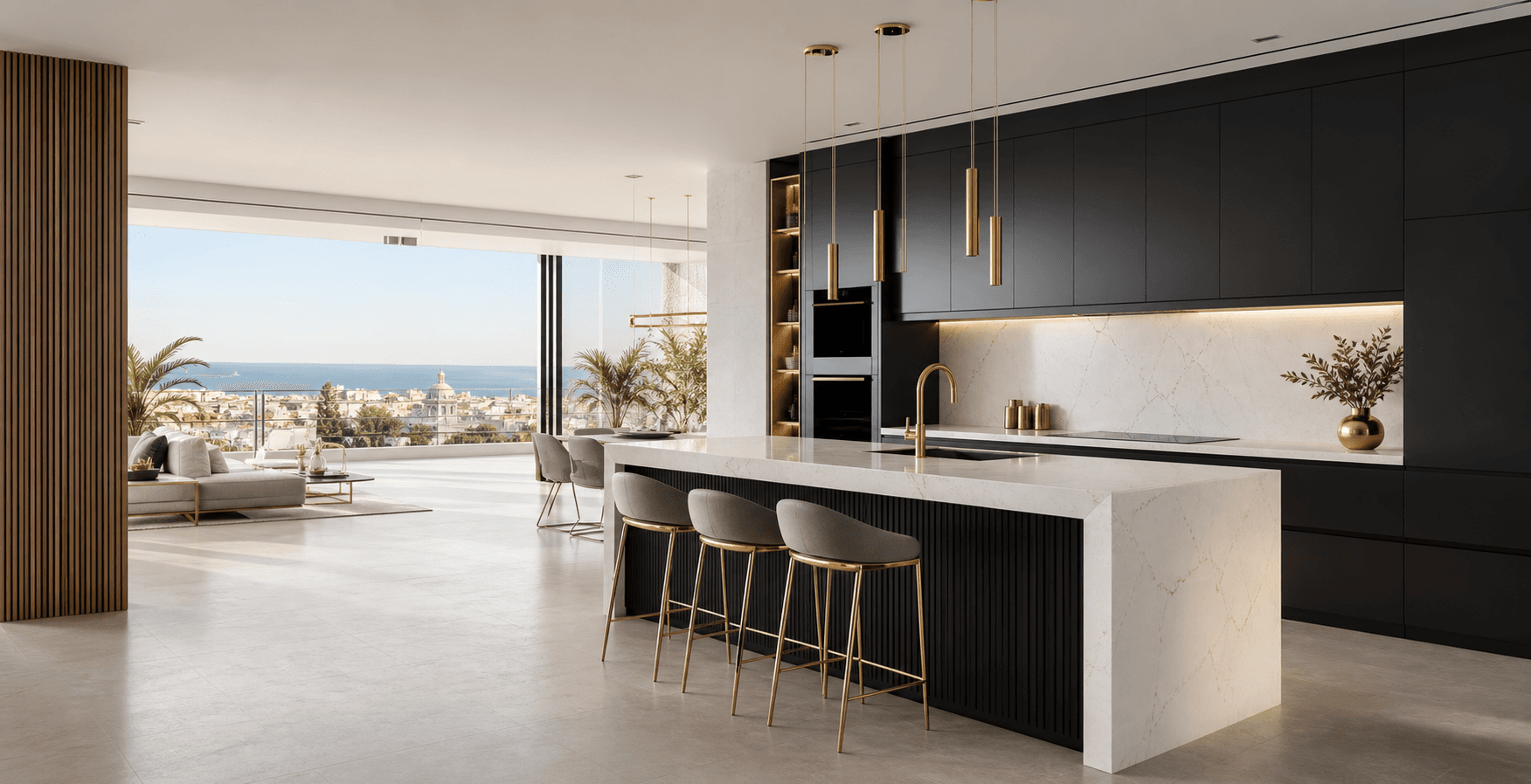 Interior renovado de cocina y salón con acabados premium